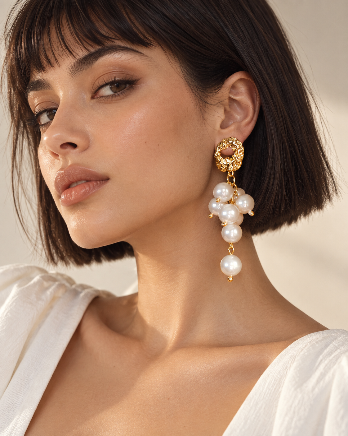 Boucles d'oreilles Grappe Signature — Blanc perlé — portée