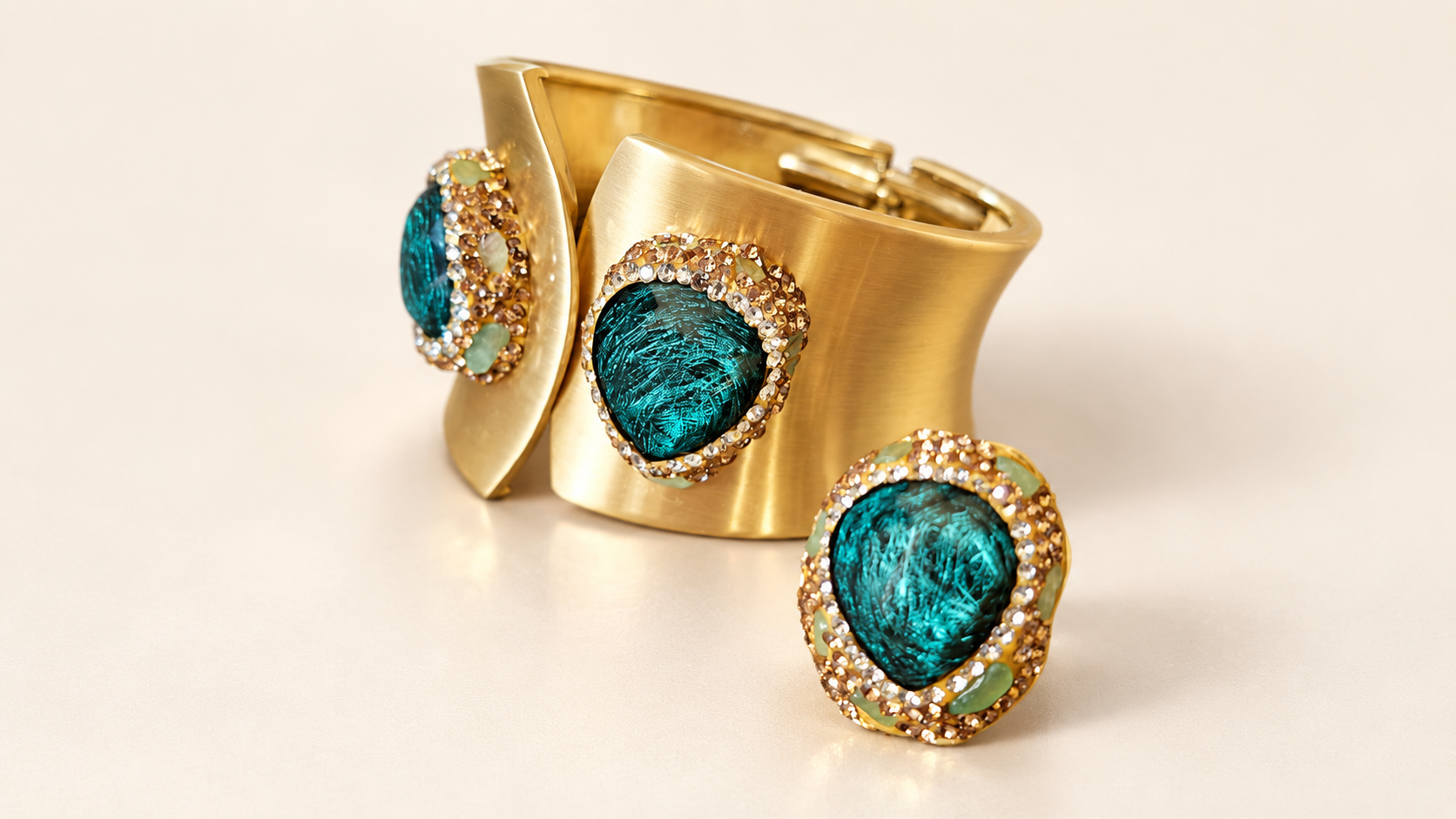 Ensemble Lagune — Bracelet Manchette & Bague Dorés — Ensemble Lagune — bracelet manchette et bague