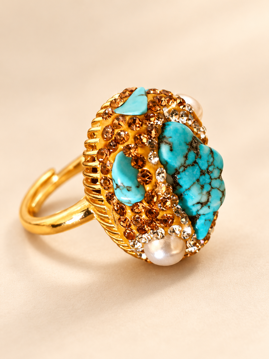 Bague Turquoise Perle & Éclat — Bague ajustable — vue de profil
