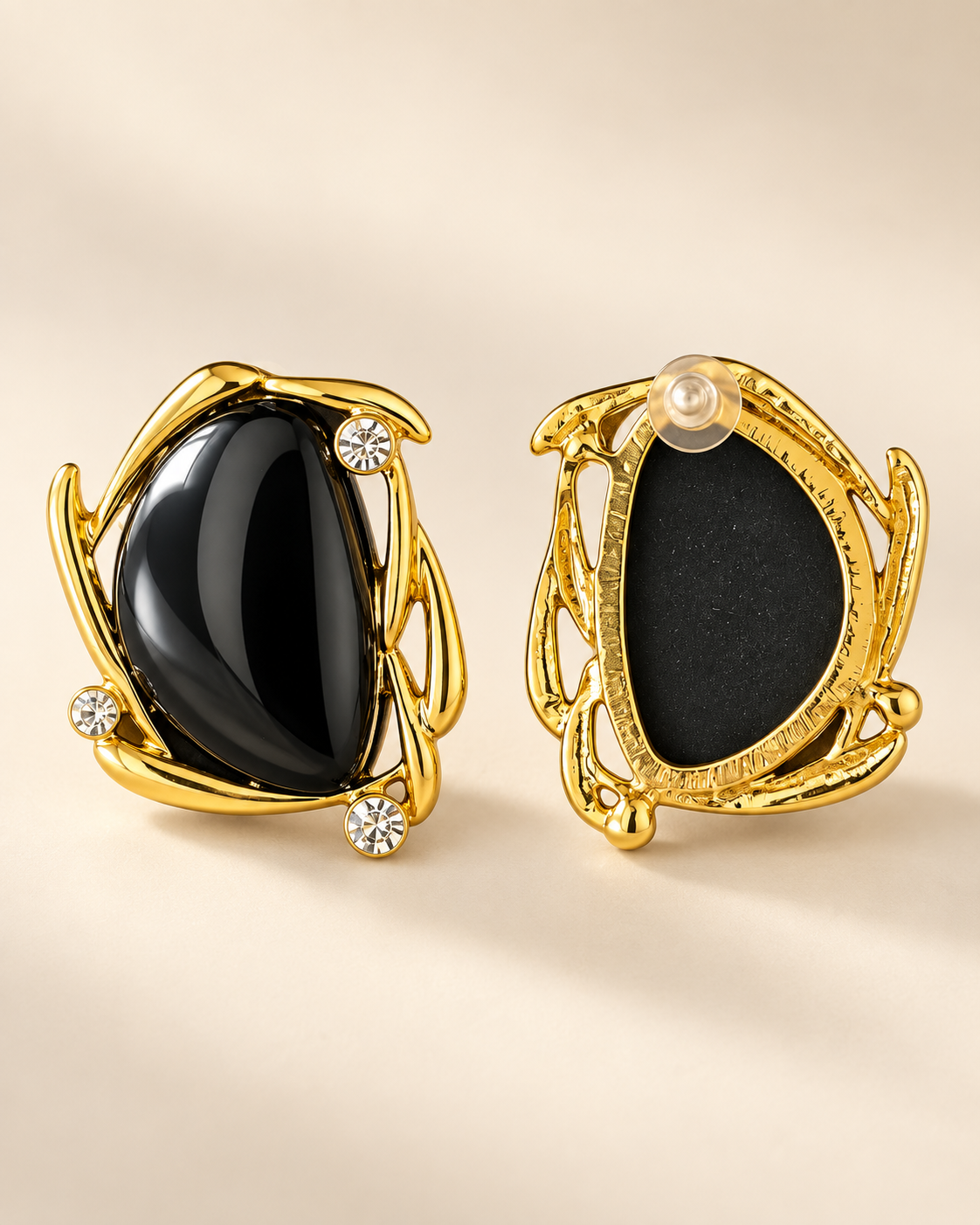Boucles Éclat Cabochon & Or — Noir profond — face et dos