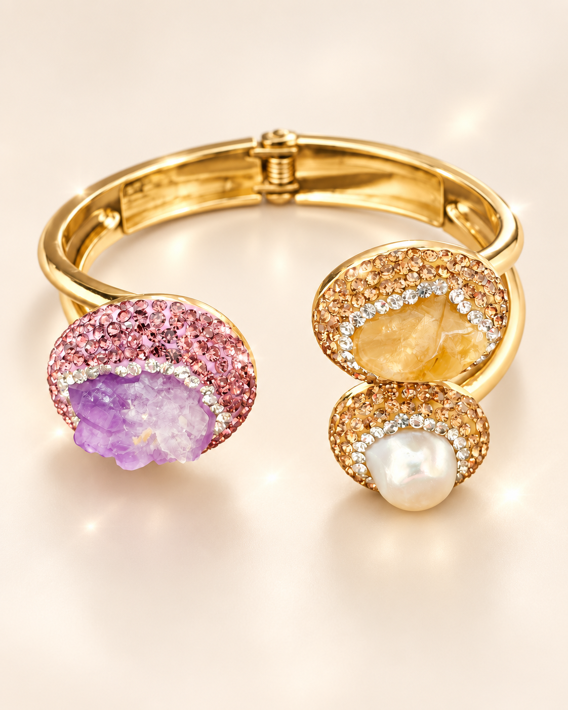 Parure Pierre Lilas, Nacre & Éclat Miel — Bracelet de face — trois éléments minéraux : lilas, miel et nacre