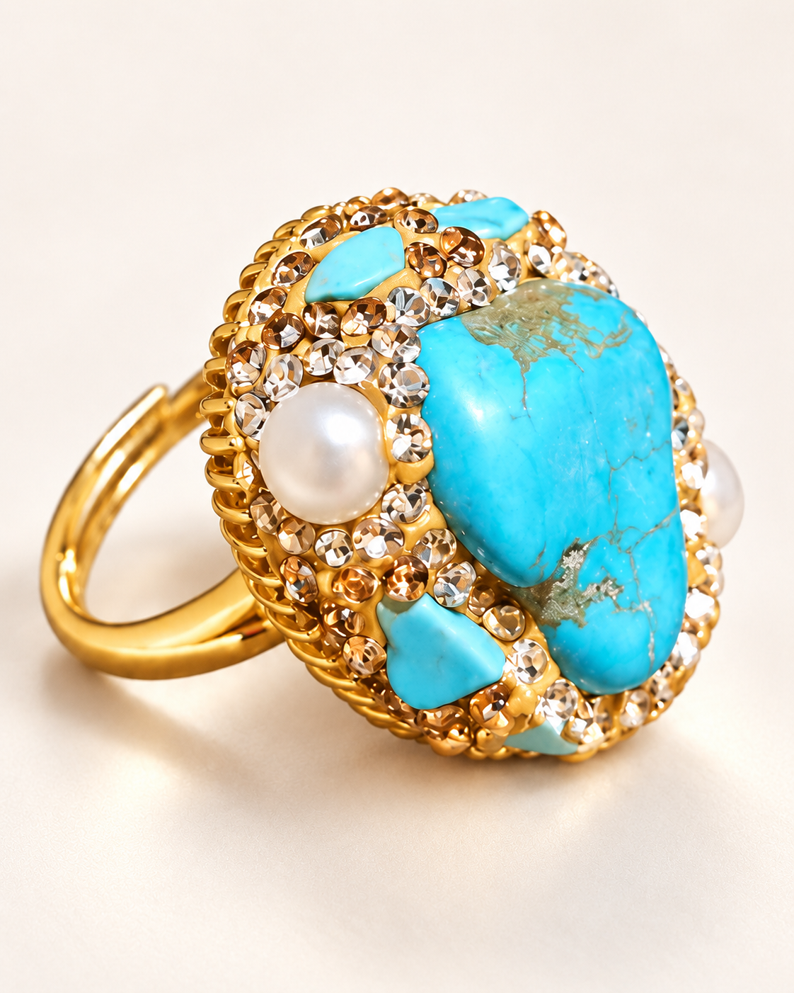 Bague Turquoise Nacrée & Éclat Champagne — Bague — vue en trois-quarts