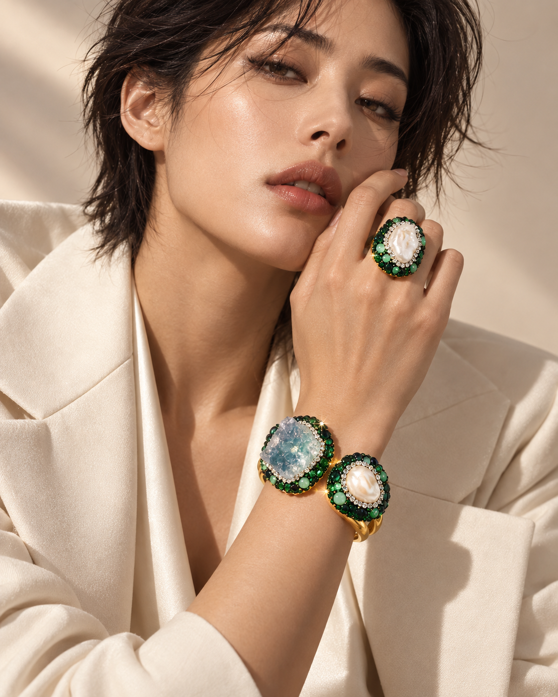 Parure Nacre & Pierre Bleue Impériale — Portée — bracelet + bague