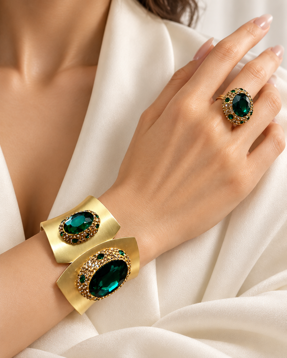 Parure Émeraude Impériale — Portée — bracelet + bague
