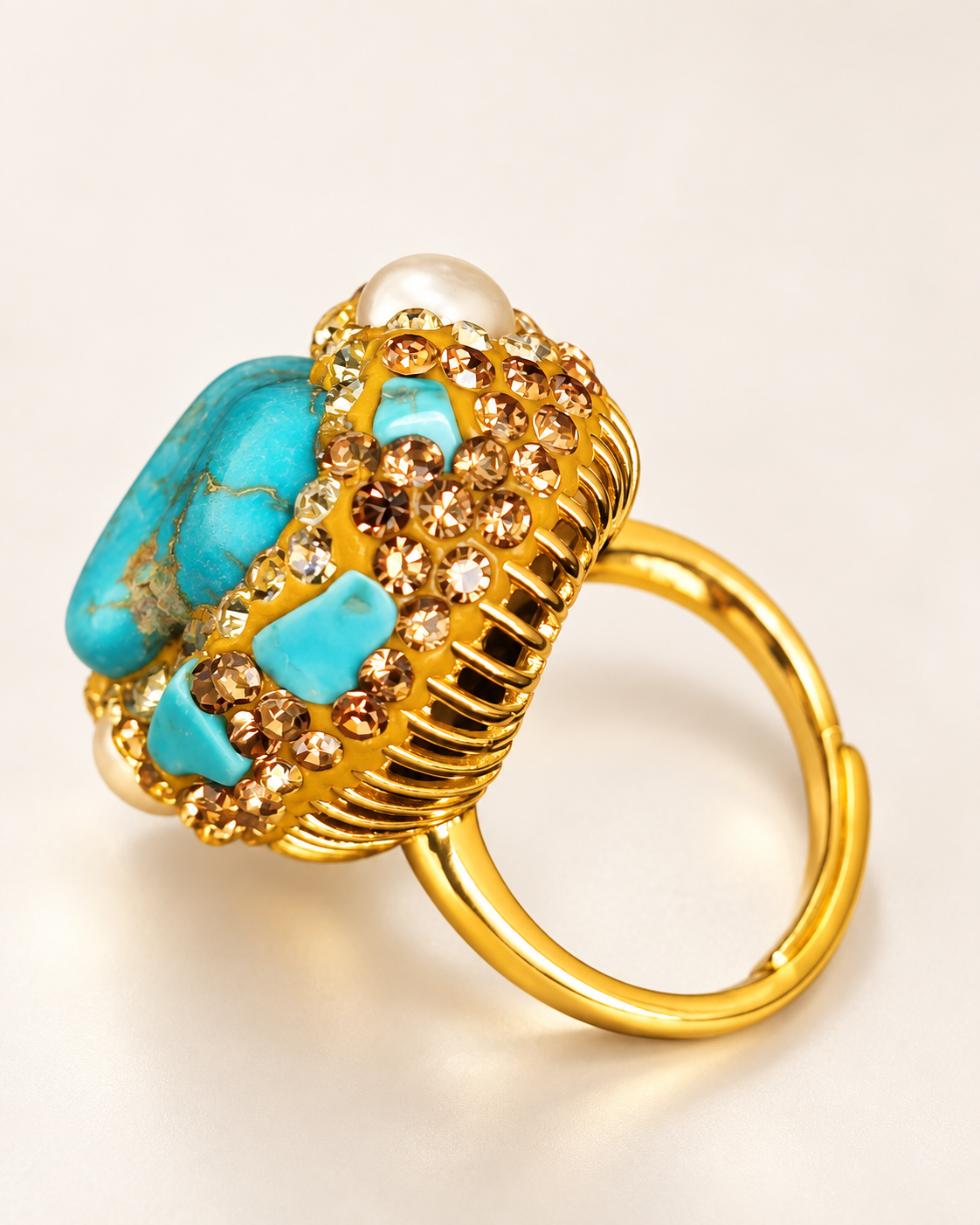 Bague Turquoise Nacrée & Éclat Champagne — Bague ajustable — vue de profil