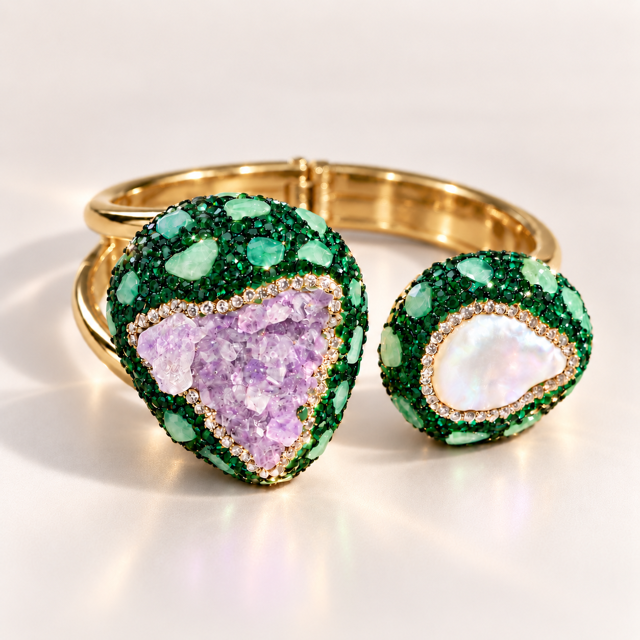 Parure Nacre & Améthyste Impériale — Parure dorée avec bague assortie, cristaux verts, nacre irisée et élément mauve-lila