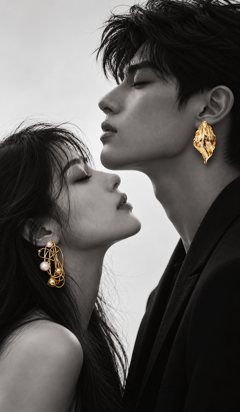 Couple en noir et blanc portant des boucles d'oreilles dorées AURA