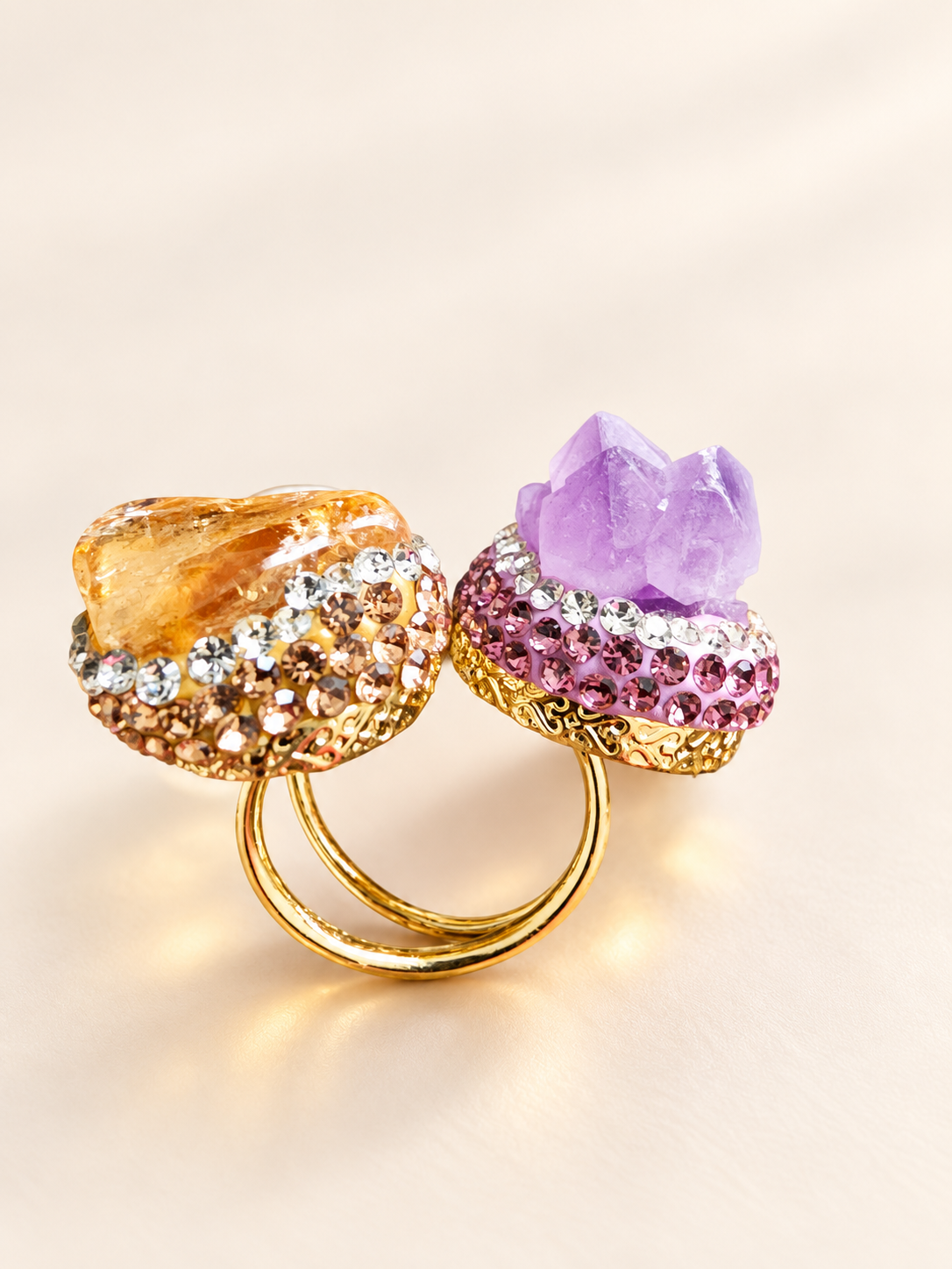 Parure Pierre Lilas, Nacre & Éclat Miel — Bague de face — pierres naturelles lilas et miel, et nacre