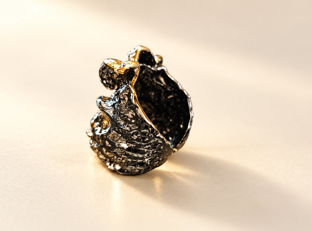 Bague Tellure Relief Noir & Doré — Bague seule de trois-quarts sur fond clair, large surface sombre en relief, bordures dorées irrégulières et intérieur visible.