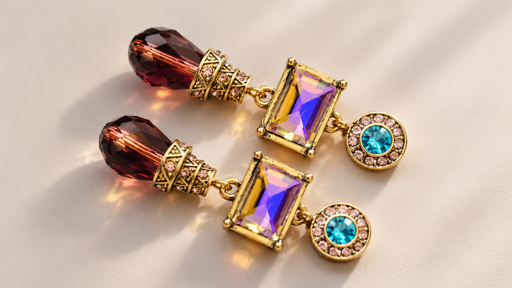 Boucles d’oreilles Chromatique Pendantes Multicolores — Paire disposée en diagonale sur fond clair, montrant les facettes des gouttes rouge brun et les bordures dorées des rectangles aux reflets violets et jaunes.