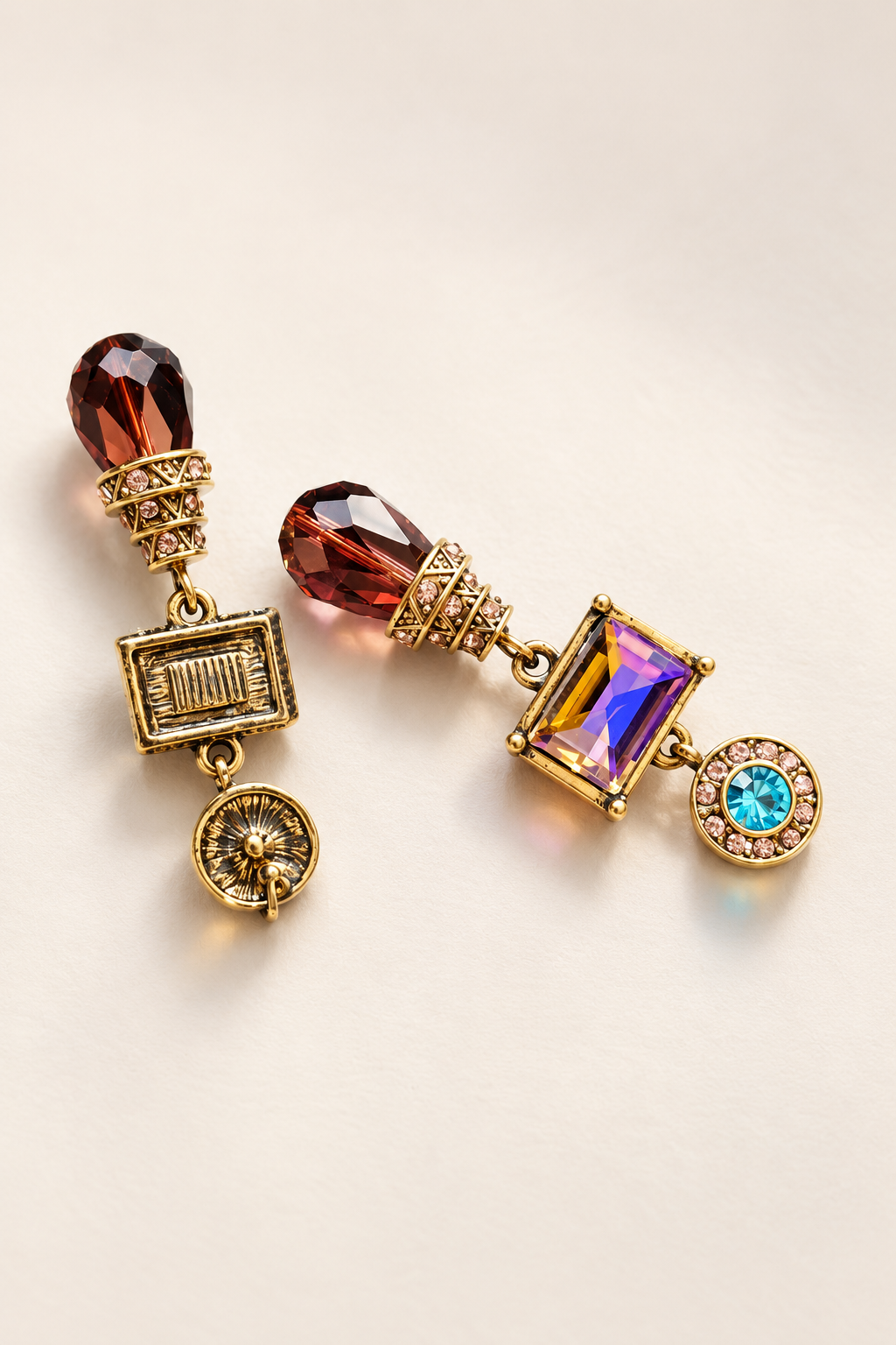 Boucles d’oreilles Chromatique Pendantes Multicolores — Paire sur fond clair, une boucle de face et l’autre retournée montrant le revers doré rectangulaire strié et le dos circulaire à relief rayonnant.