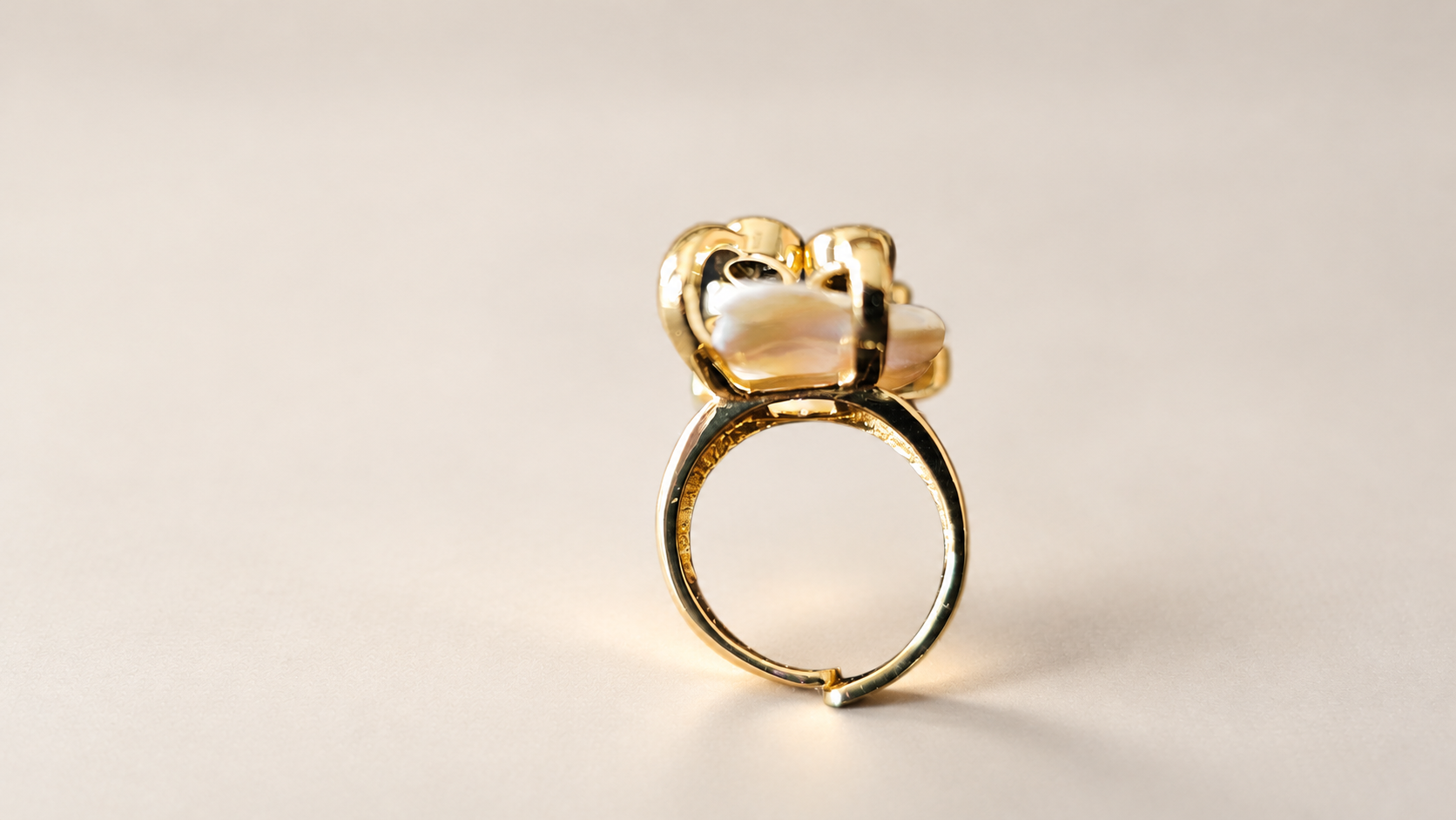 Bague Silhouette Irisée & Accents Noirs — Dos de la bague avec anneau doré ouvert à sa base, dessous de la monture et épaisseur du centre clair visibles.