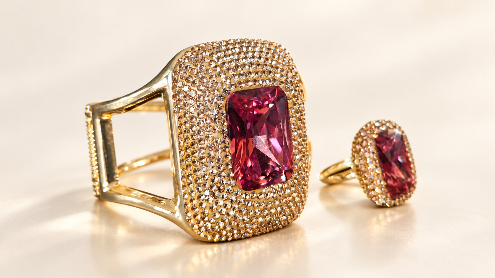 Parure Incandescence Rouge — Bracelet & Bague Dorés — vue d’ensemble / parure