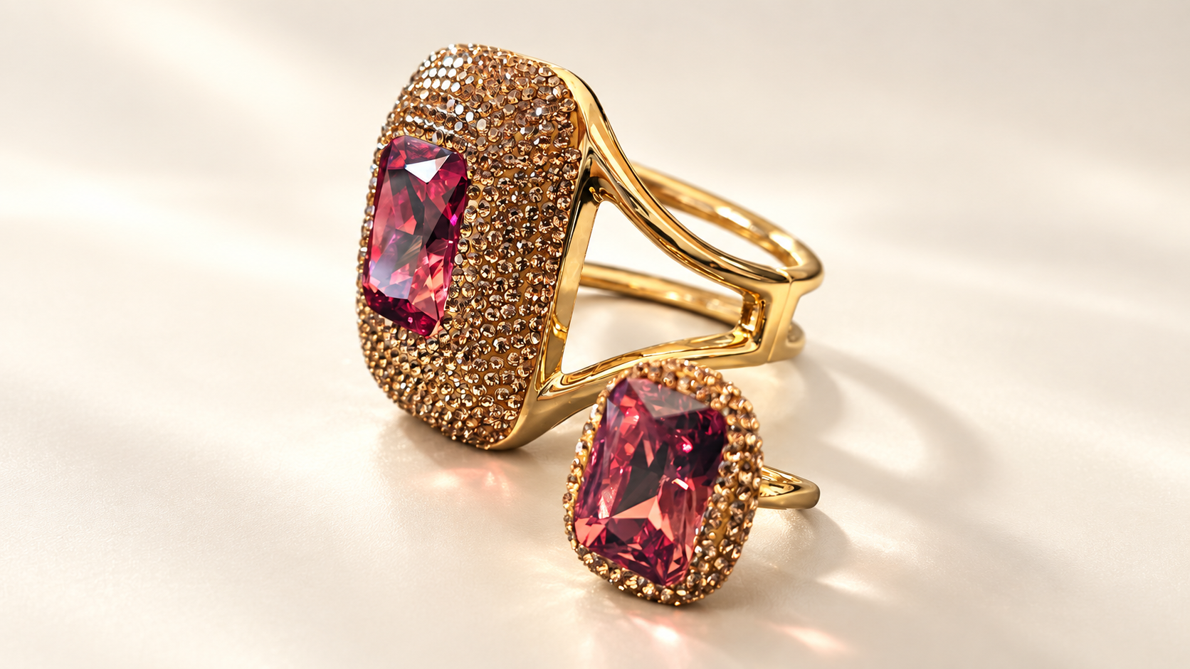 Parure Incandescence Rouge — Bracelet vu de trois-quarts avec côté triangulaire ajouré ; bague rouge et dorée placée devant, laissant apparaître son anneau sur la droite.