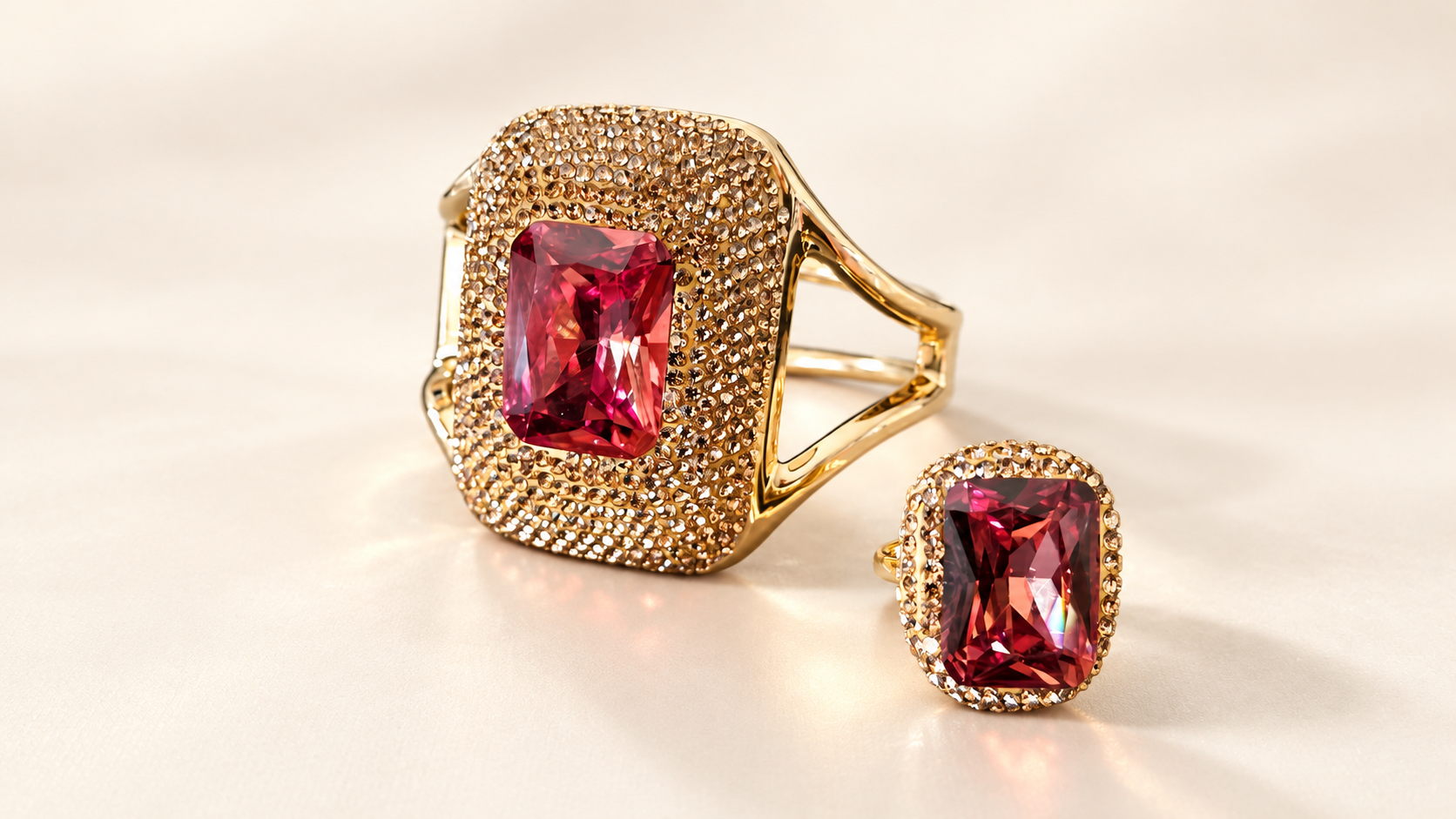 Parure Incandescence Rouge — Bracelet et bague présentés presque de face sur fond clair, avec motifs rectangulaires rouge profond et entourages brillants aux nuances champagne.
