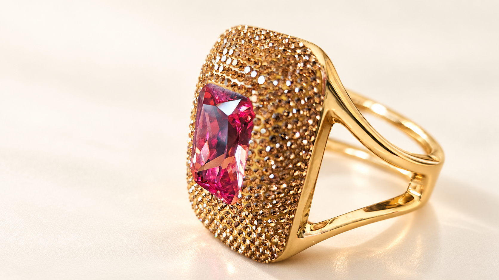 Parure Incandescence Rouge — Bracelet seul vu de trois-quarts, avec élément rouge facetté en relief, large entourage champagne et côté doré ajouré.