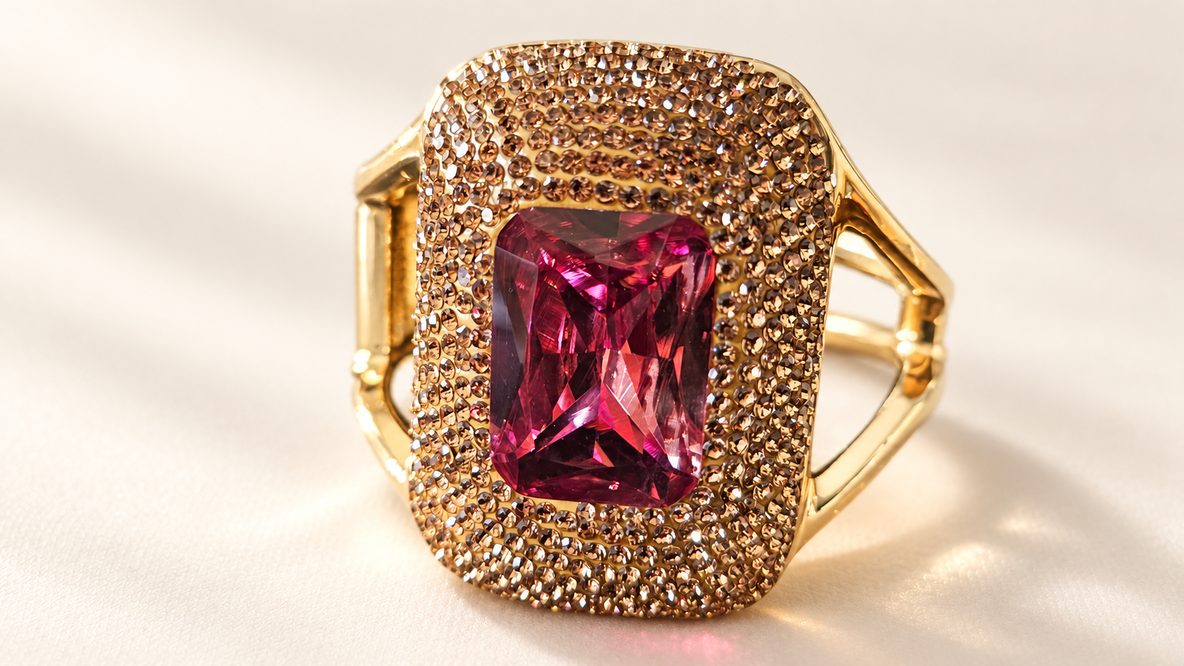 Parure Incandescence Rouge — Face du bracelet montrant un motif rouge rectangulaire à facettes, entouré de nombreuses rangées de petits éléments brillants champagne.