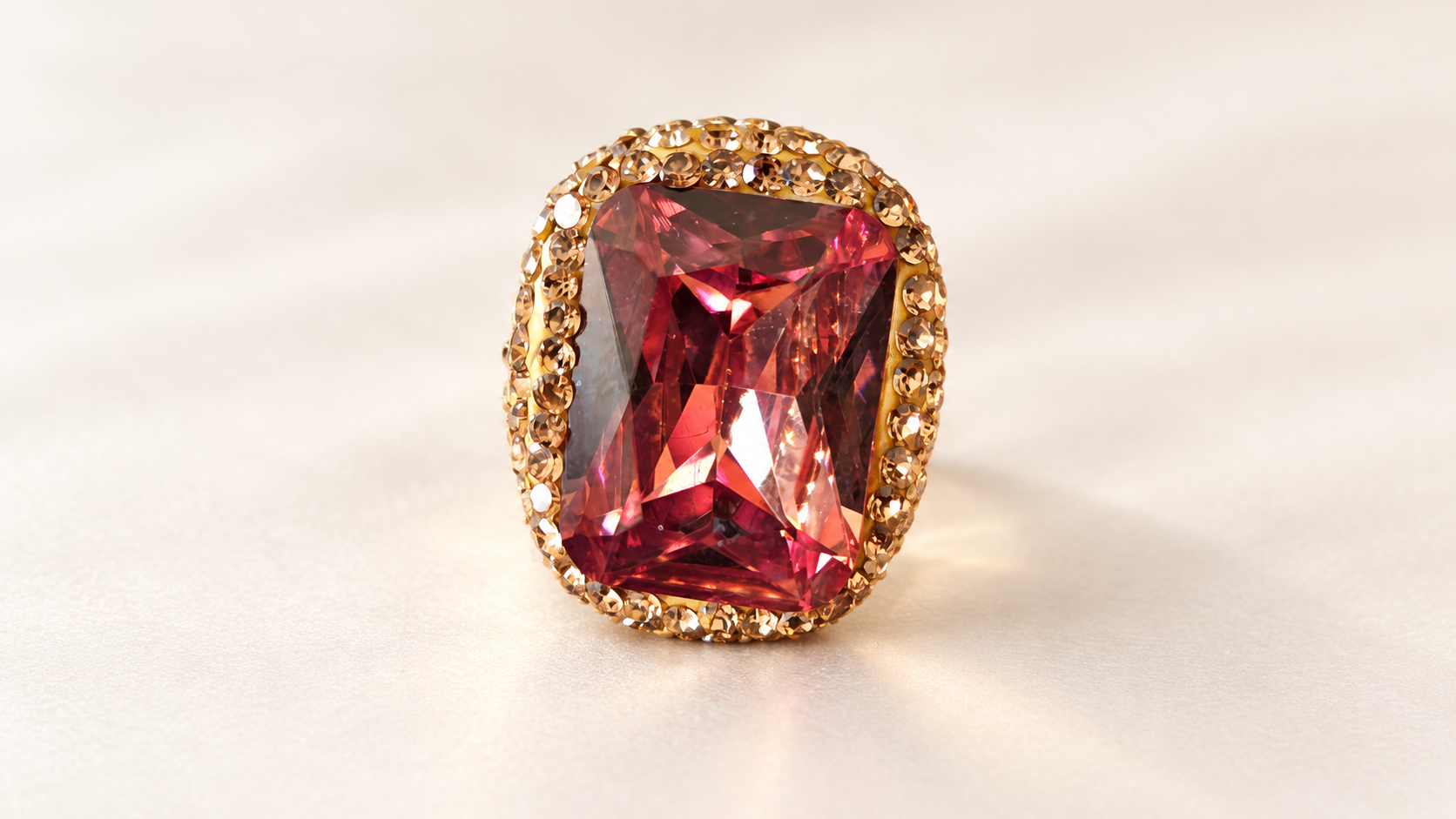 Parure Incandescence Rouge — Bague de face avec grand élément rectangulaire rouge à reflets rosés et orangés, bordé de petits éléments brillants champagne.