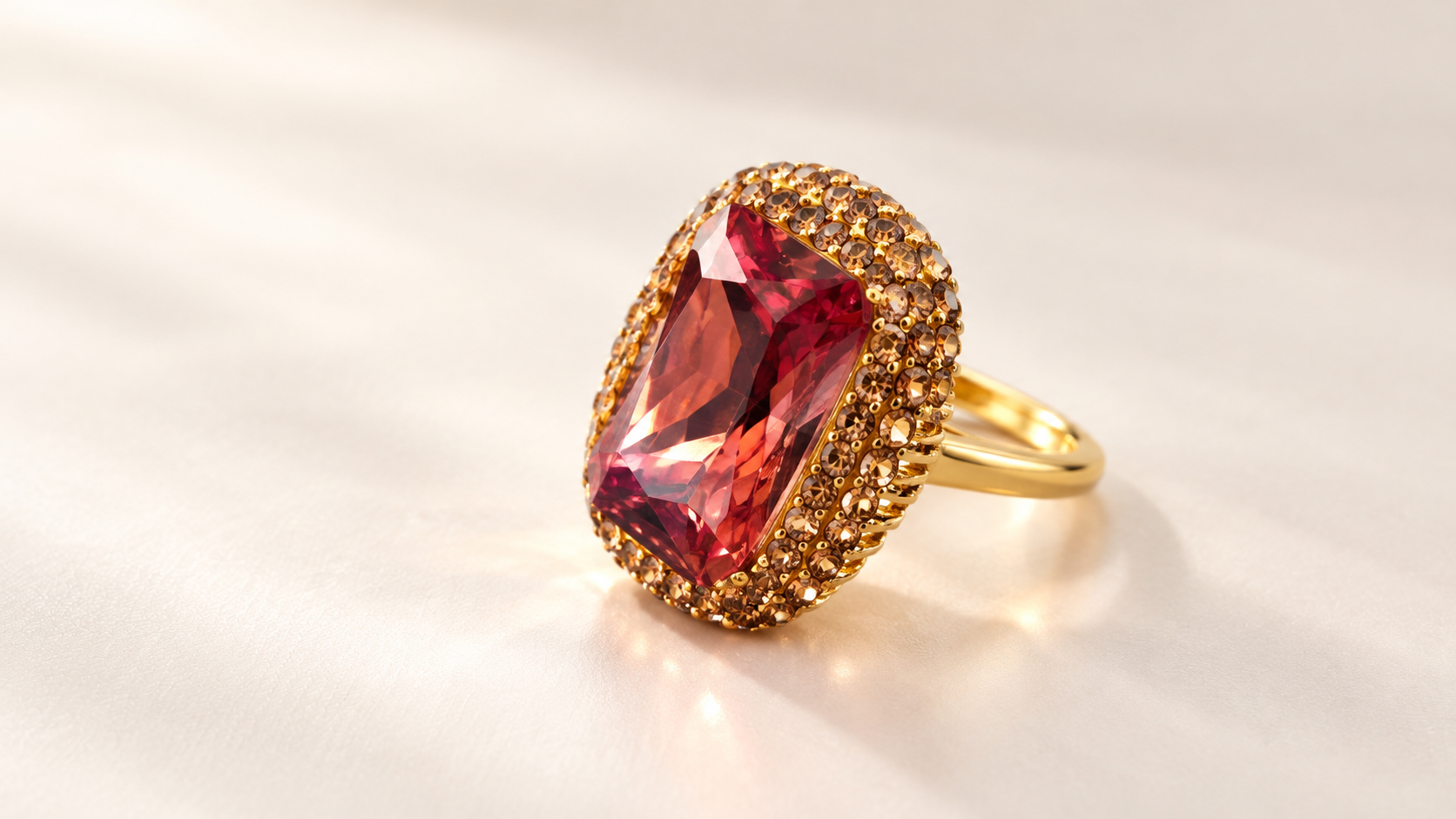 Parure Incandescence Rouge — Bague inclinée de trois-quarts, montrant les facettes rouges, l’entourage brillant et l’anneau doré à l’arrière droit.