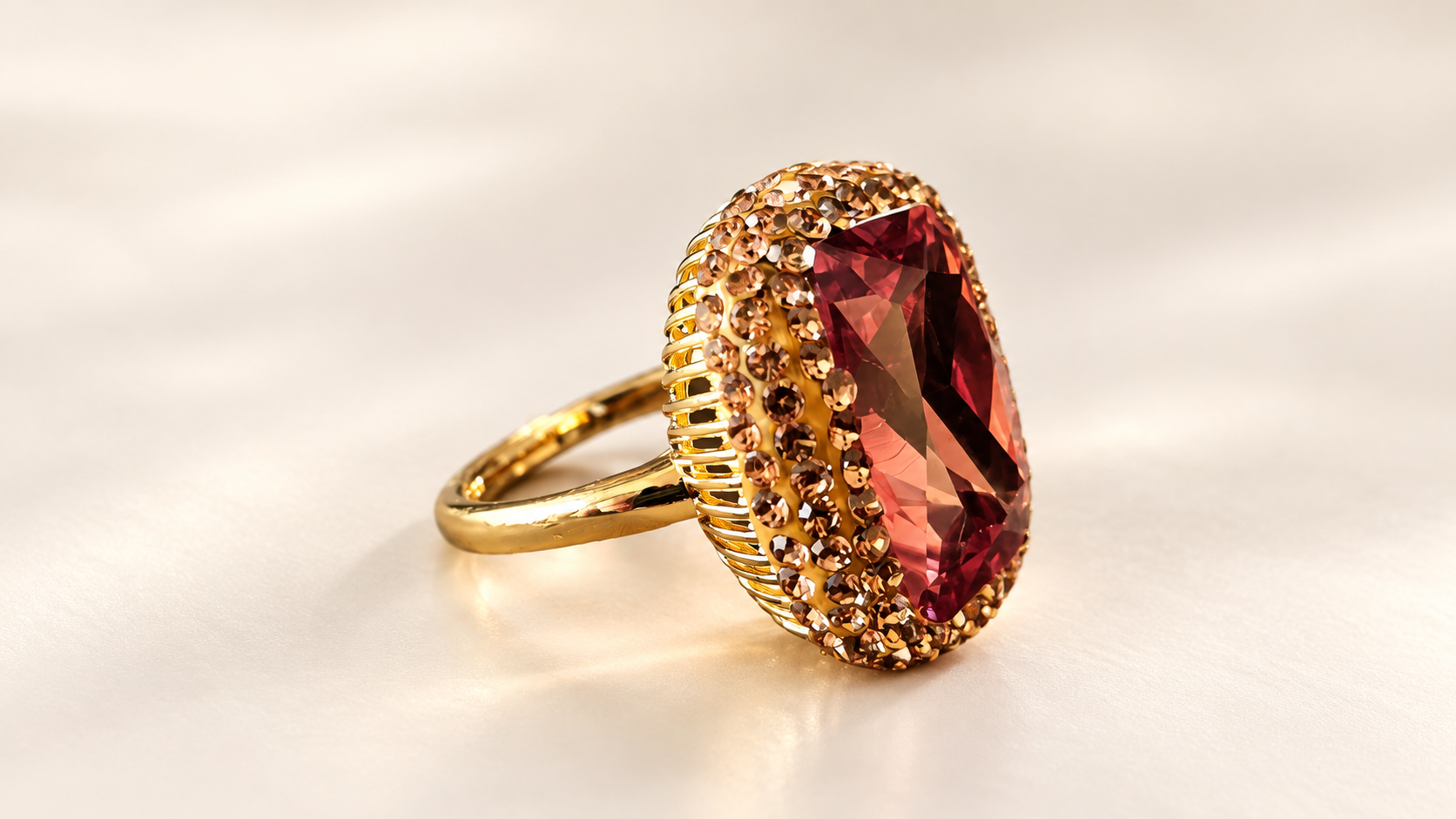 Parure Incandescence Rouge — Bague vue de biais depuis l’autre côté, avec anneau à gauche et monture dorée ajourée sous l’entourage champagne du motif rouge.