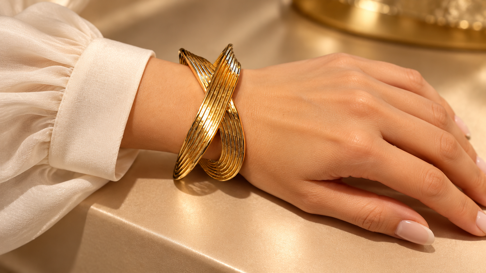 Bracelet Manchette Sillage Croisé Doré — Manchette dorée portée au poignet, motif croisé visible sur le dessus et reliefs striés soulignés par la lumière.