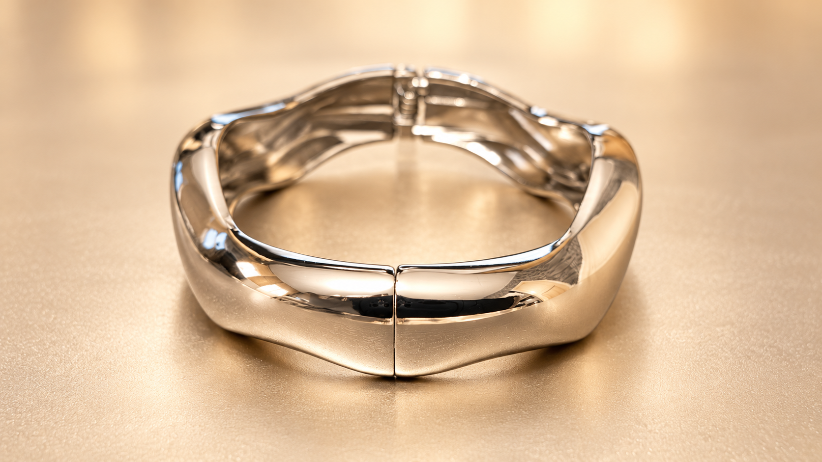 Bracelet Sillage Ondulé Argenté — Bracelet argenté vu de face, avec une jonction centrale au premier plan et une articulation visible à l'intérieur, à l'arrière.