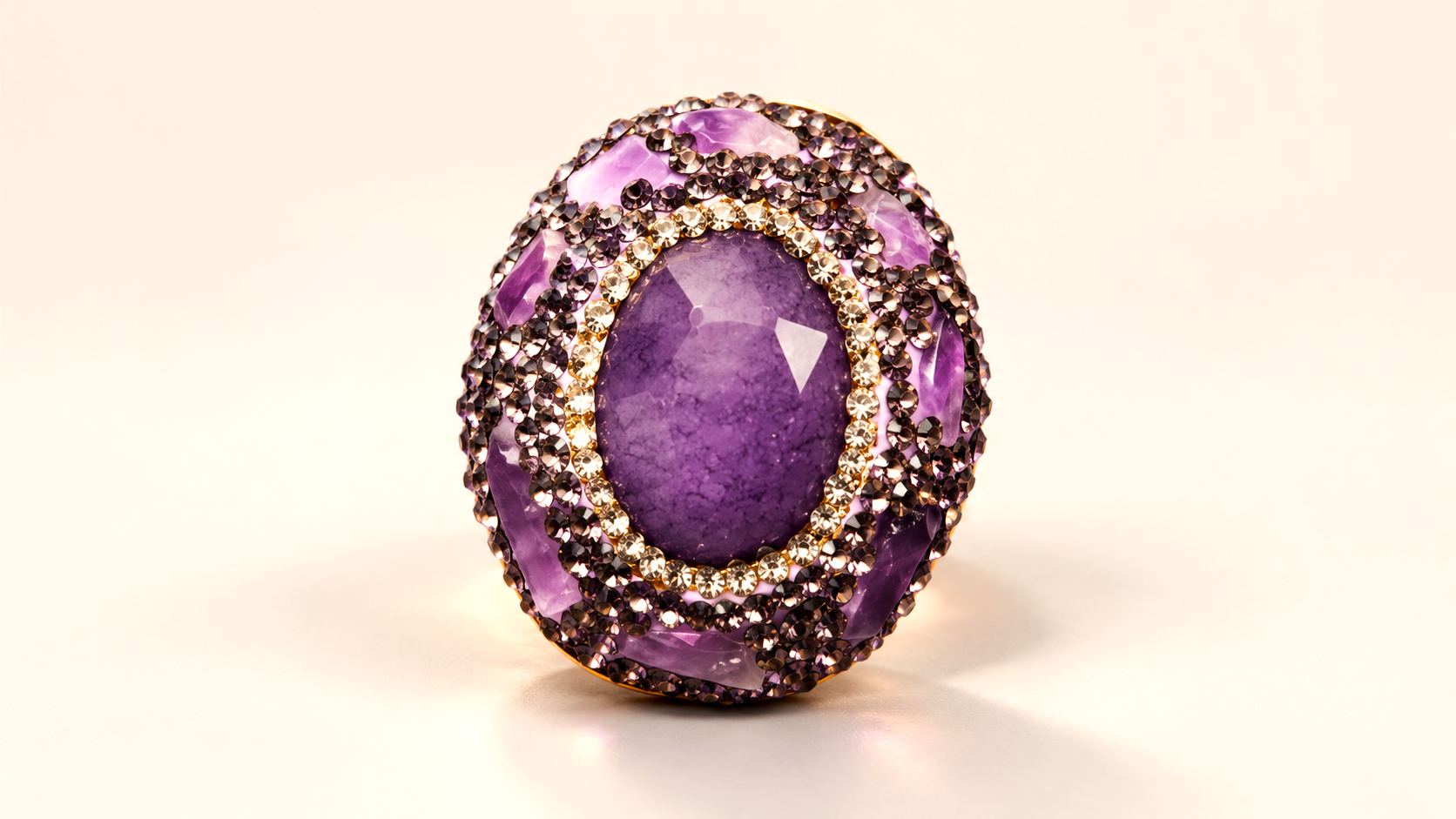 Bague de la parure Vesper Ovale Violette — Bague ovale vue de face, centre violet facetté entouré d’une ligne claire brillante, de fragments lilas et de petits éléments violet sombre.