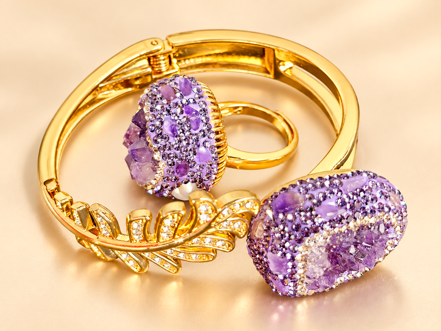 Parure Violette Minérale — Bracelet & Bague Dorés