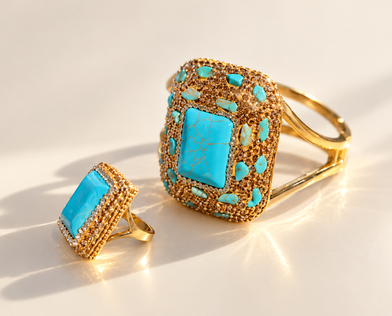 Bague Horizon Rectangle Bleu — Bague rectangulaire bleue et dorée au premier plan, présentée à côté d’un large bracelet doré orné d’éléments bleus et de détails brillants.