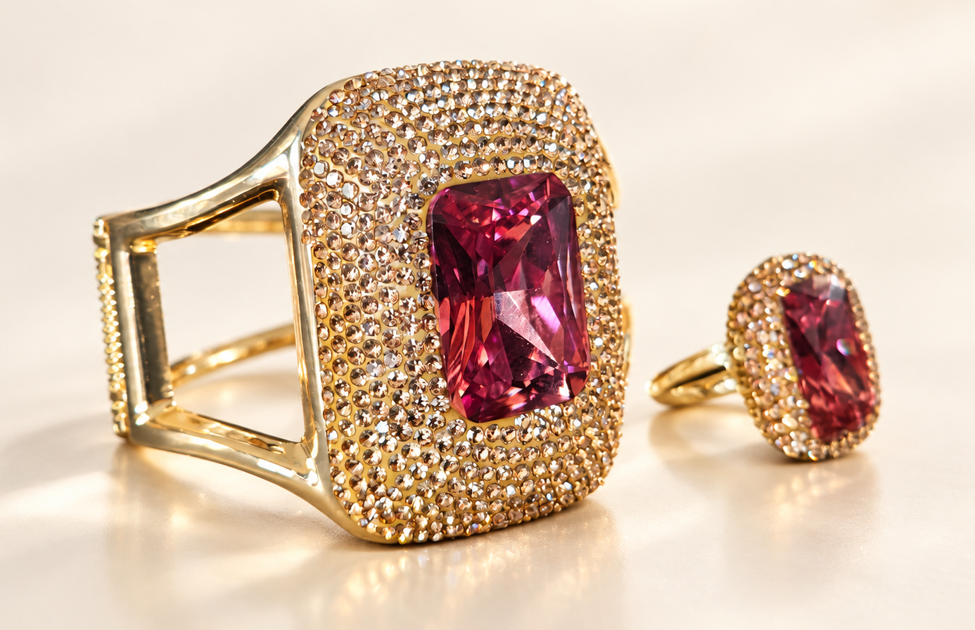 Parure Incandescence Rouge — Bracelet & Bague Dorés